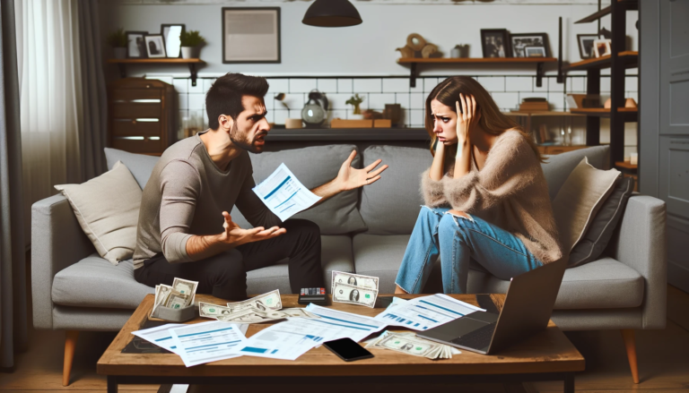 a man and woman sitting on a couch arguing over personal finances